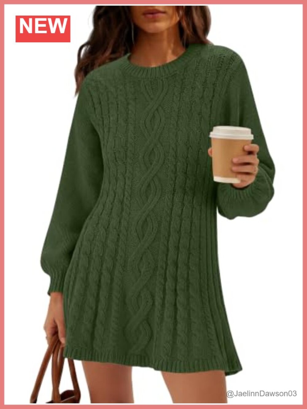Cable Knit Sweater Dress Crew Neck Lantern Sleeve Loose Fit Fall